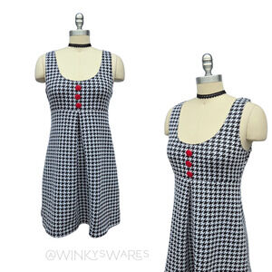 Vintage 90s Y2K Houndstooth Mini Dress Size S M Black White Mod Goth Jumper